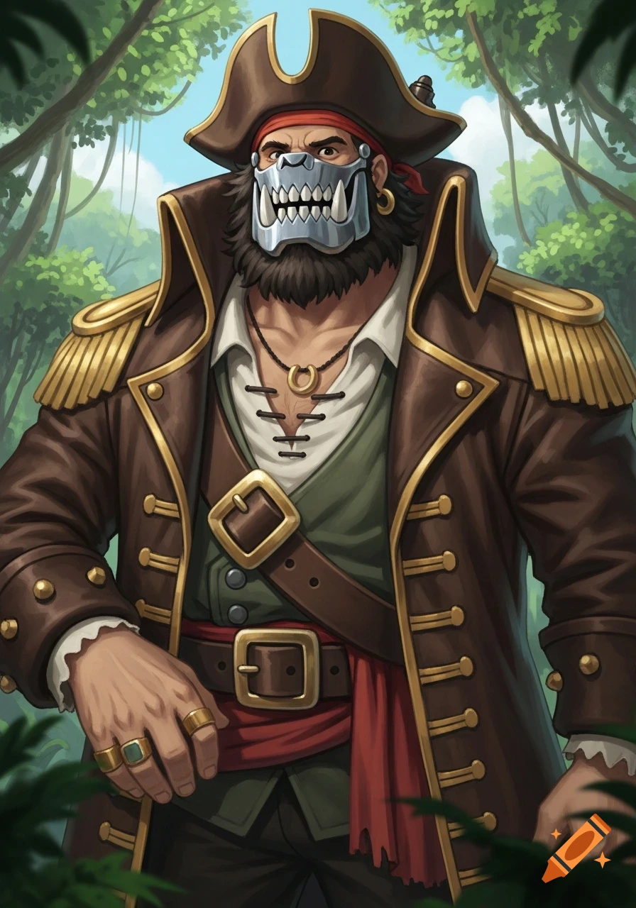 A rugged pirate captain wearing a brown coat, red bandana, and a metal jaw mask, standing in a jungle, in a Ghibli-inspired art style.