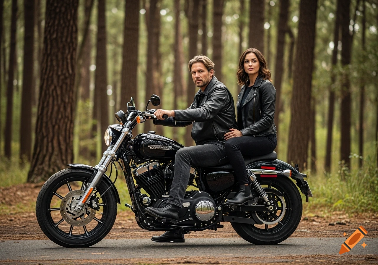 A man and woman in black leather jackets sit on a black Harley Davidson motorcycle on a road in a pine forest.