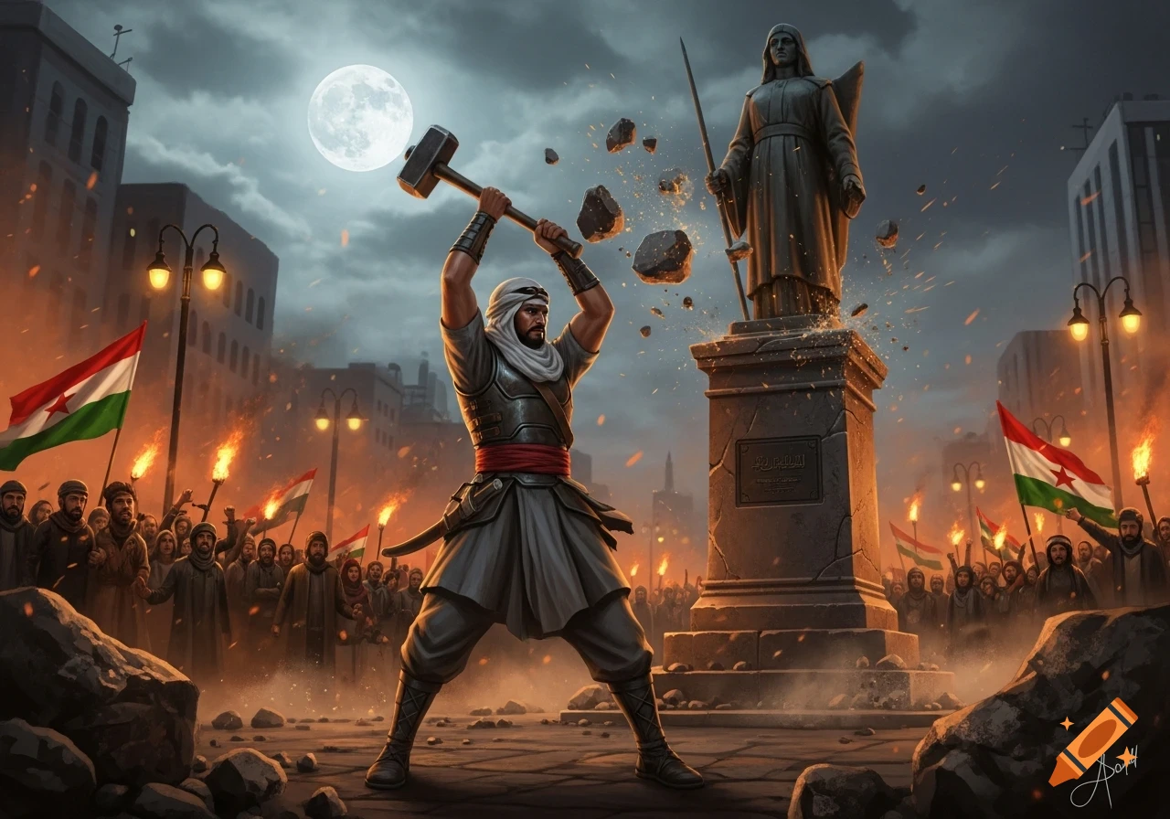 A powerful man in ancient attire smashes a statue with a hammer amidst a torchlit crowd waving flags under a full moon.
