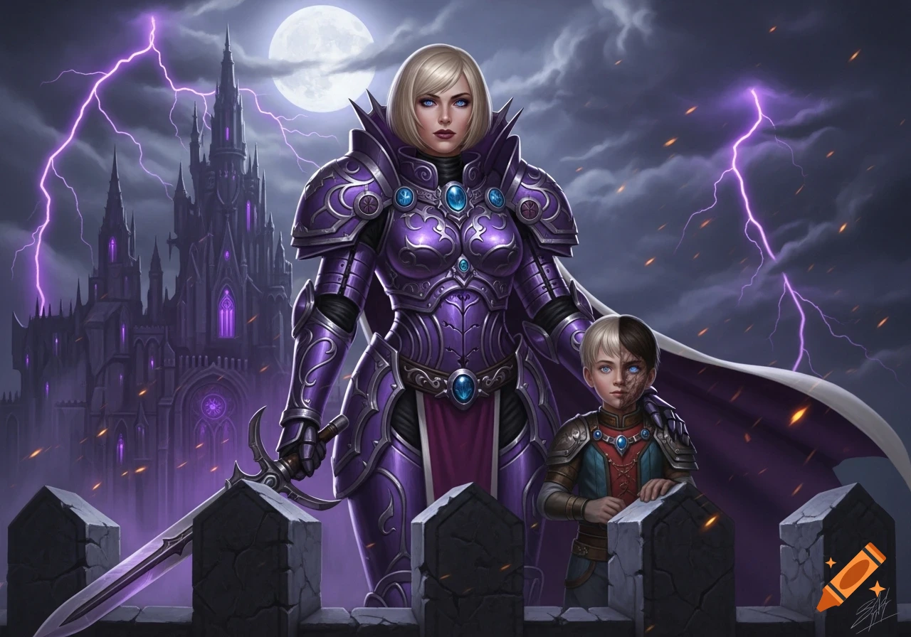 A blonde empress knight in purple armor stands with her half-human son with a scarred face in front of a dark, lightning-struck castle under a full moon.