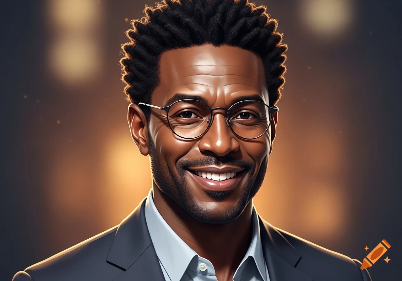 Close-up portrait of a smiling Black man with short dreadlocks and glasses, wearing a suit and light blue shirt against a blurred golden background.