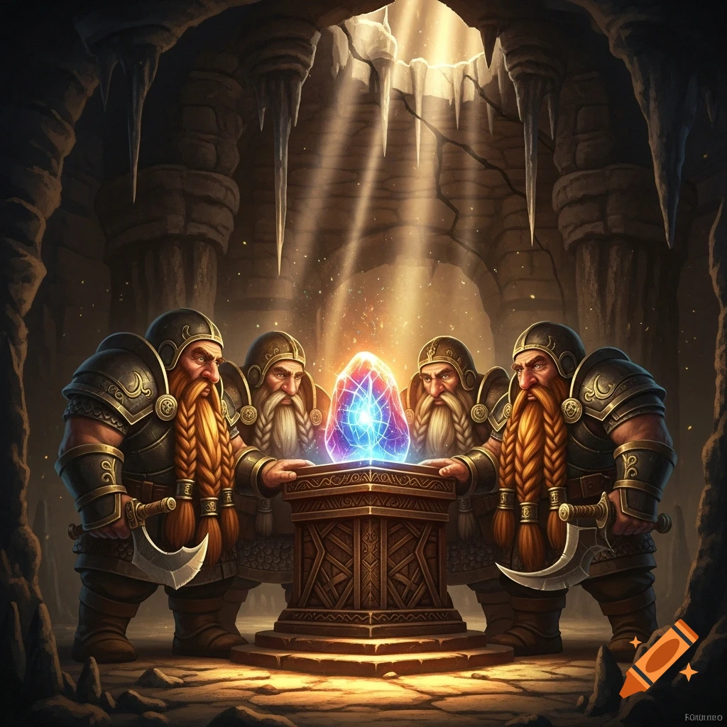 Four armored dwarves with braided beards stand around a glowing blue and purple crystal on a pedestal in a dark cave illuminated by light rays.