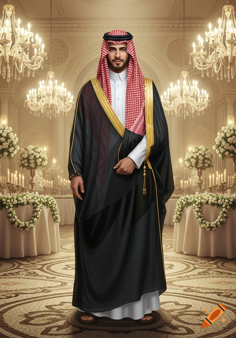 A photorealistic portrait of a man in a black abaya with gold trim, red and white ghutra, and white dishdasha, standing in a grand ballroom with chandeliers and floral decor.