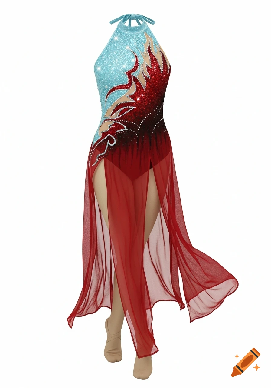 Glittery pastel blue and blood-red colorguard outfit with sheer fabric on a mannequin, white background.
