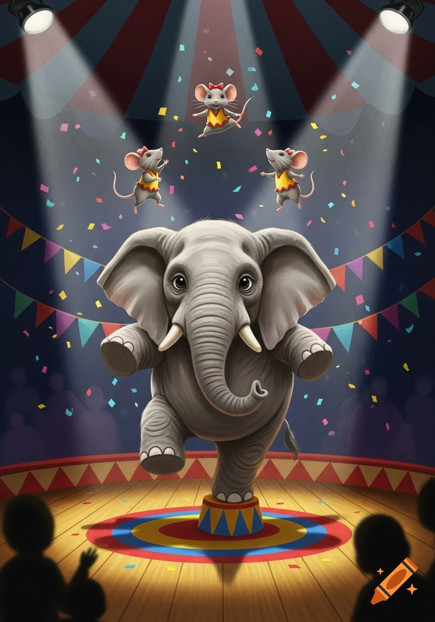 Cartoon illustration of a baby elephant balancing on a pedestal in a circus ring, with three mice jumping and confetti falling.