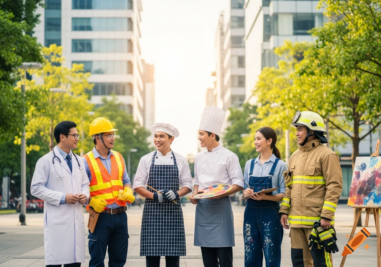 Six smiling people in professional uniforms (doctor, construction, chefs, artist, firefighter) stand outdoors in an urban setting.