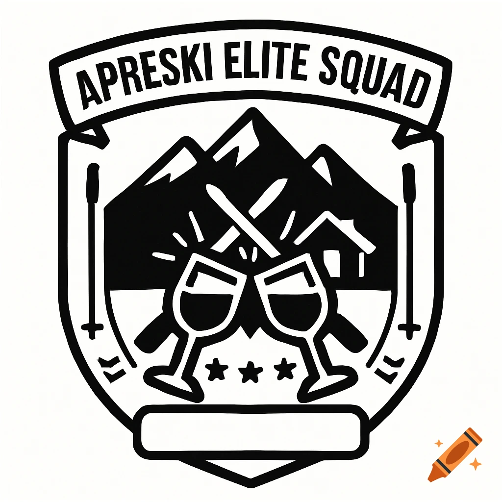 Ski club logo with mountains, cabin, crossed skis, and two clinking glasses, text reads 'APRESKI ELITE SQUAD'.