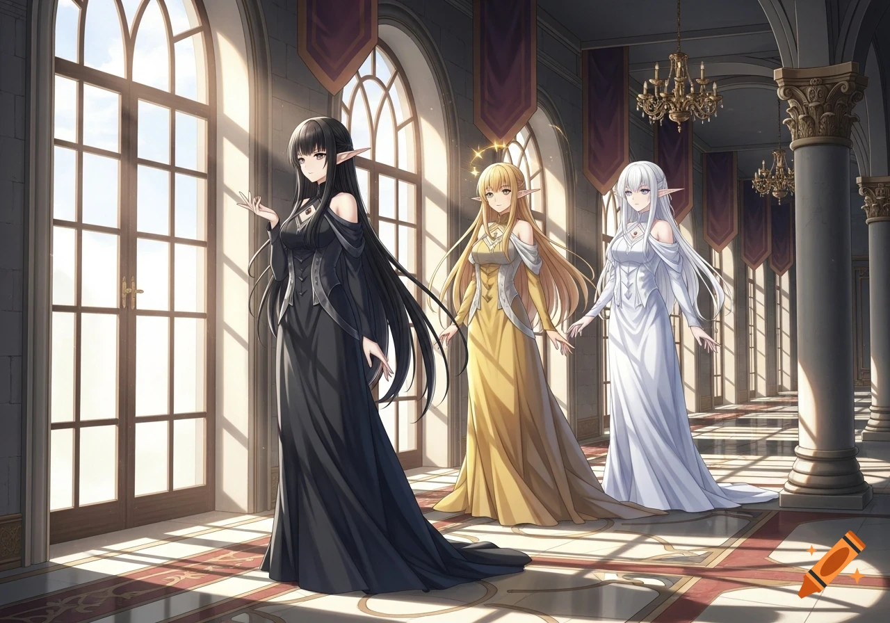Three anime elf sisters with black, blonde, and white hair stand in a sunlit palace corridor.