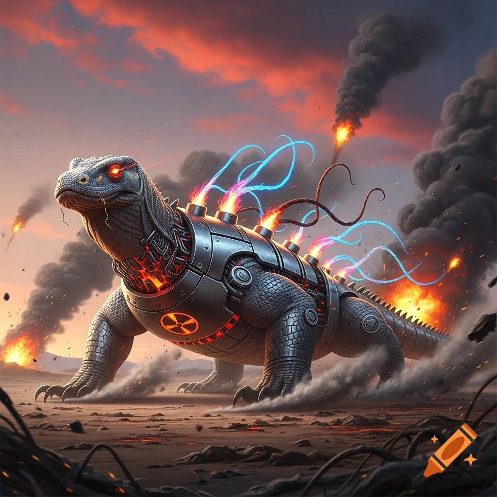 A huge armored Komodo dragon with a nuclear symbol, glowing red eyes, and emitting fire and blue energy in a desolate, fiery landscape.