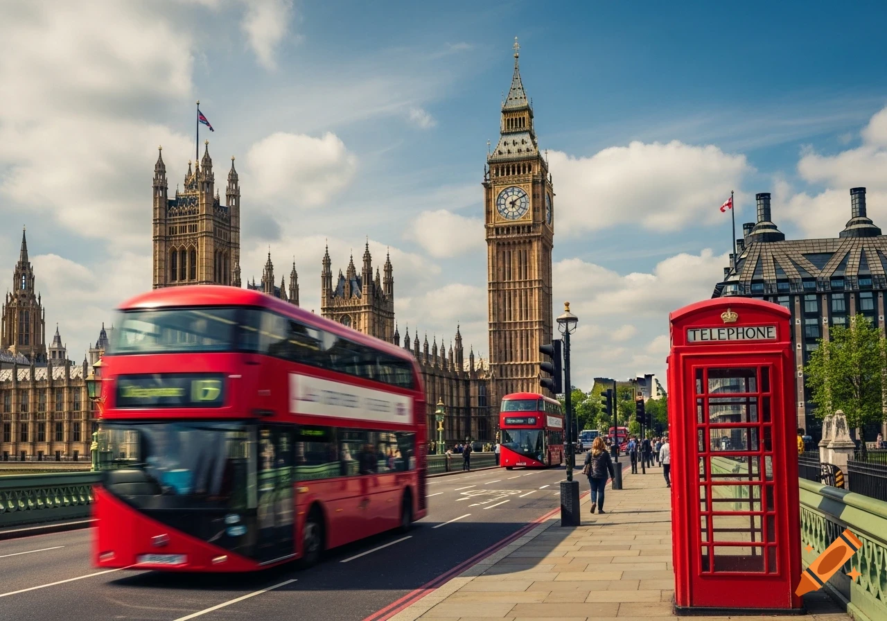 A red double-decker bus passes a red telephone booth and Big Ben on a sunny street in London.