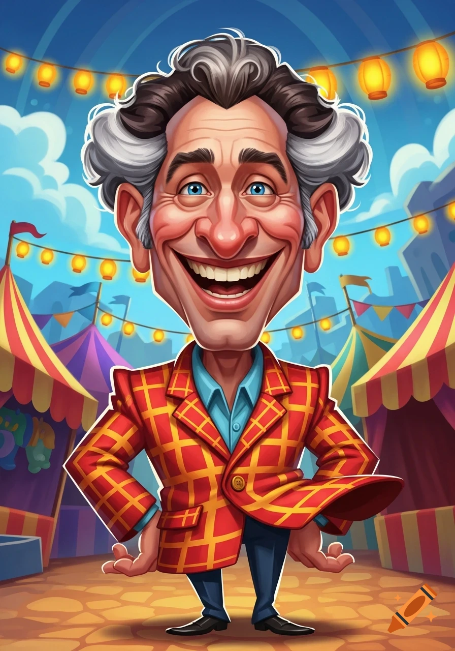 A colorful cartoon caricature of a broadly smiling man with graying hair, wearing a red and yellow checkered jacket, standing at a bustling fairground with tents and string lights.