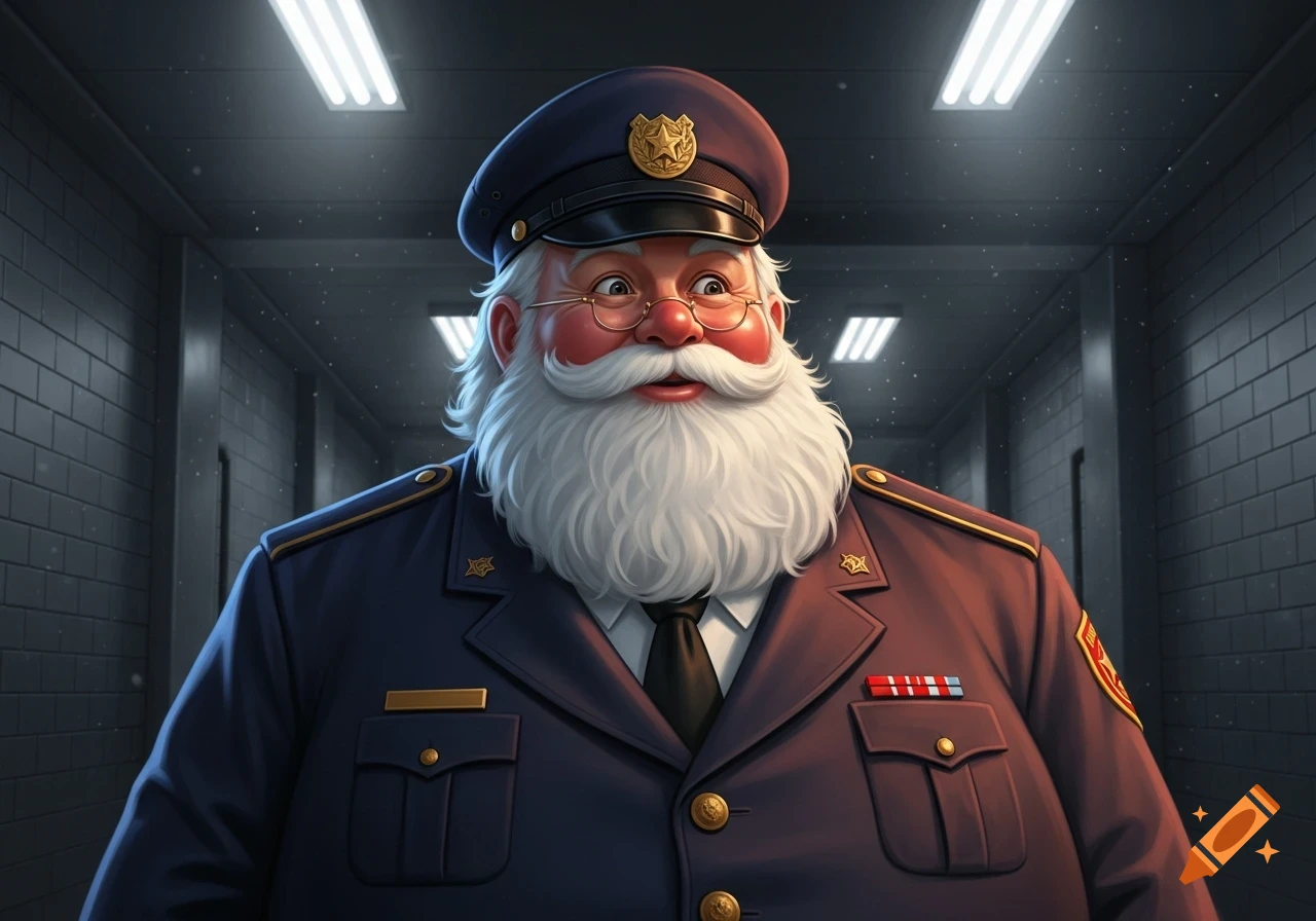 Santa Claus in a dark blue prison guard uniform and cap, standing in a dimly lit corridor. Digital art.