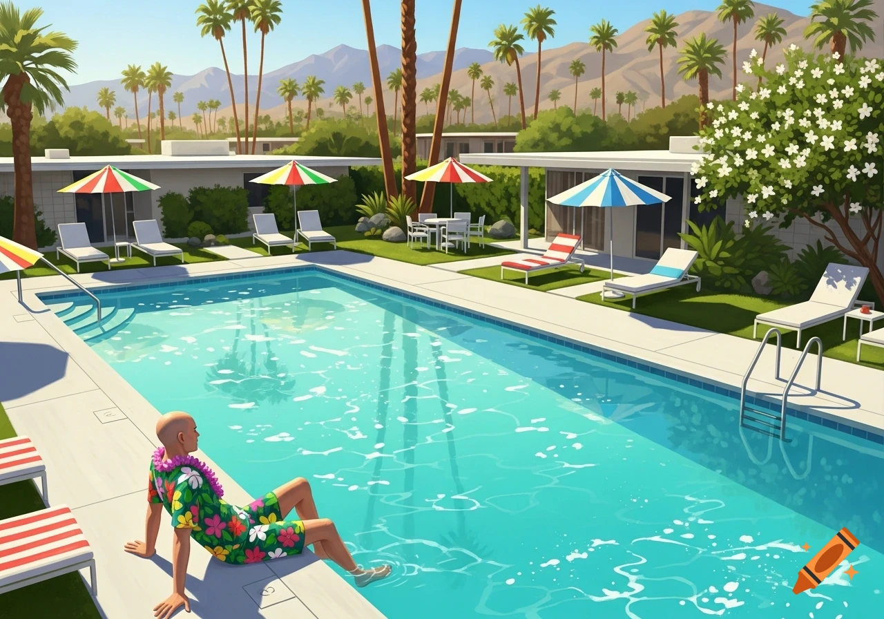 A bald man in a floral shirt sits poolside, dipping his feet in the water at a sunny resort with palm trees and mountains.