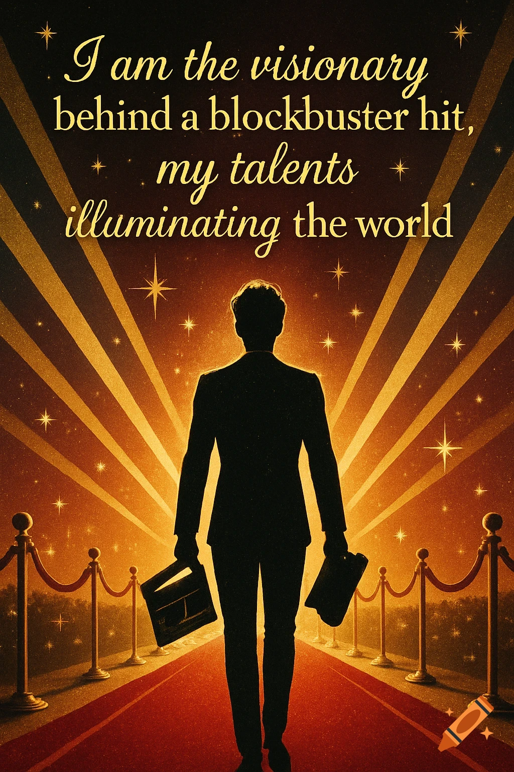 A silhouetted person in a suit walks a red carpet under golden rays and stars, with a motivational quote above.