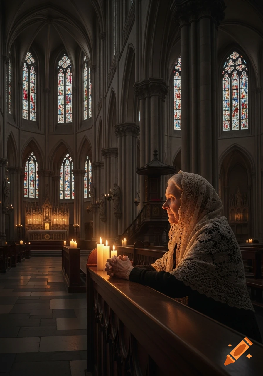 Elderly woman with a lace shawl, hands clasped in prayer, sitting in a dimly lit gothic church with stained glass windows and lit candles.