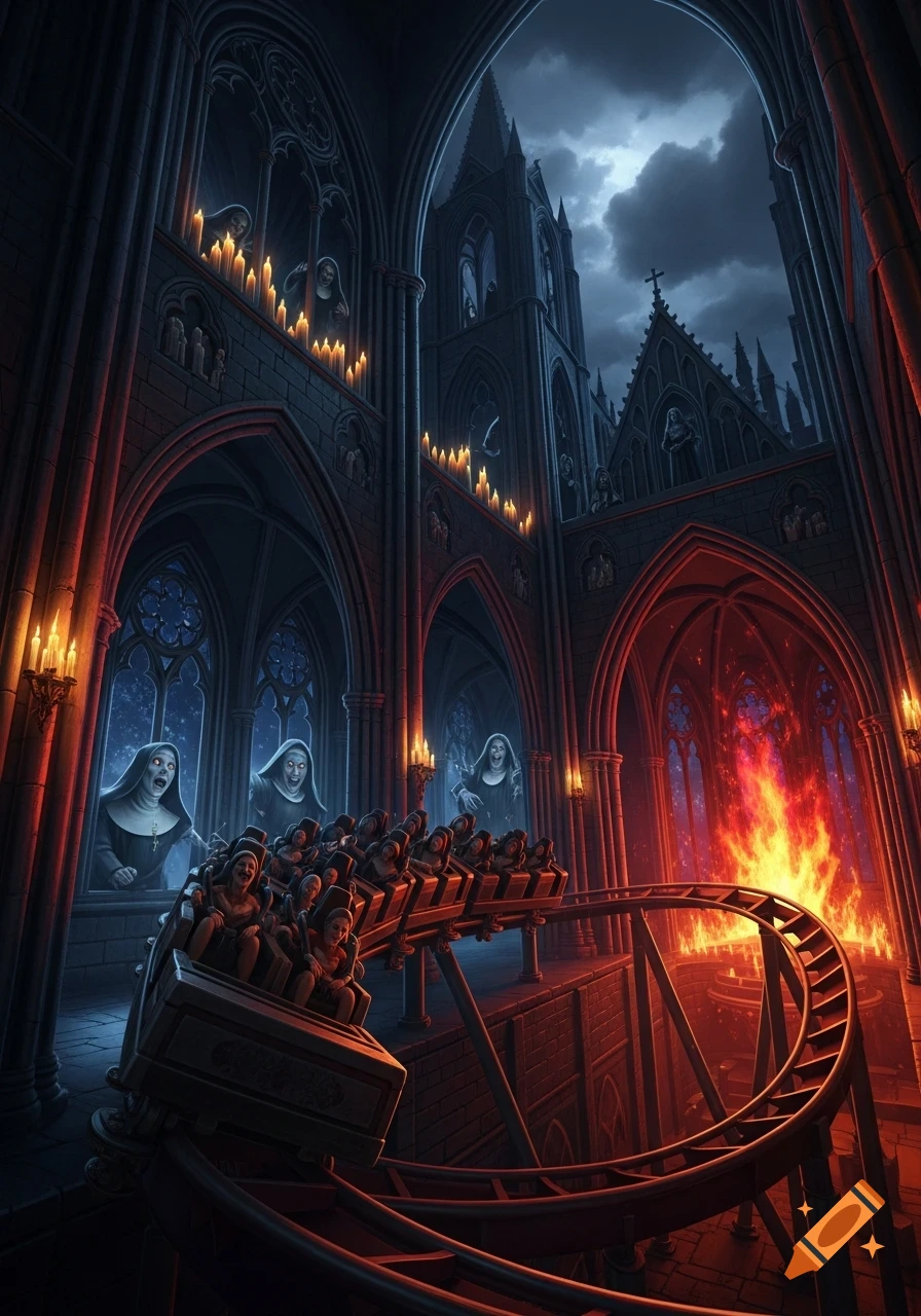 A horror roller coaster in a gothic church, with screaming riders passing ghostly nuns and a fiery pit.