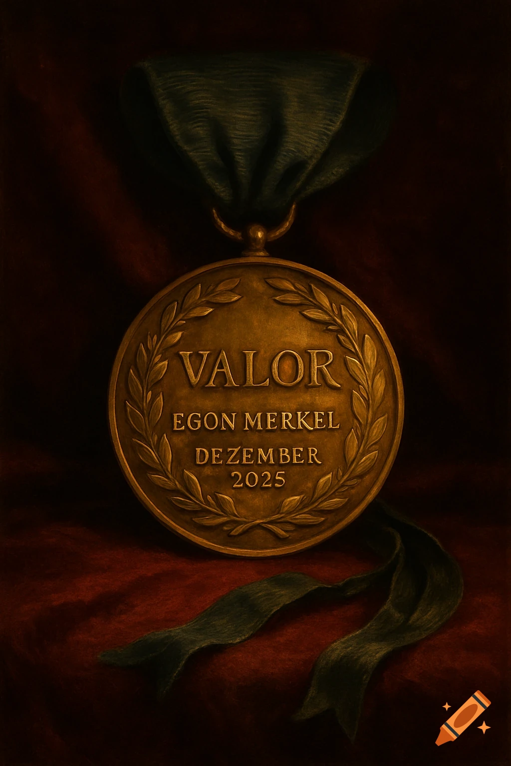 A bronze medal with 'VALOR', 'EGON MERKEL', 'DEZEMBER', '2025' engraved, resting on a deep red velvet background with dark green ribbons, in a realistic style.