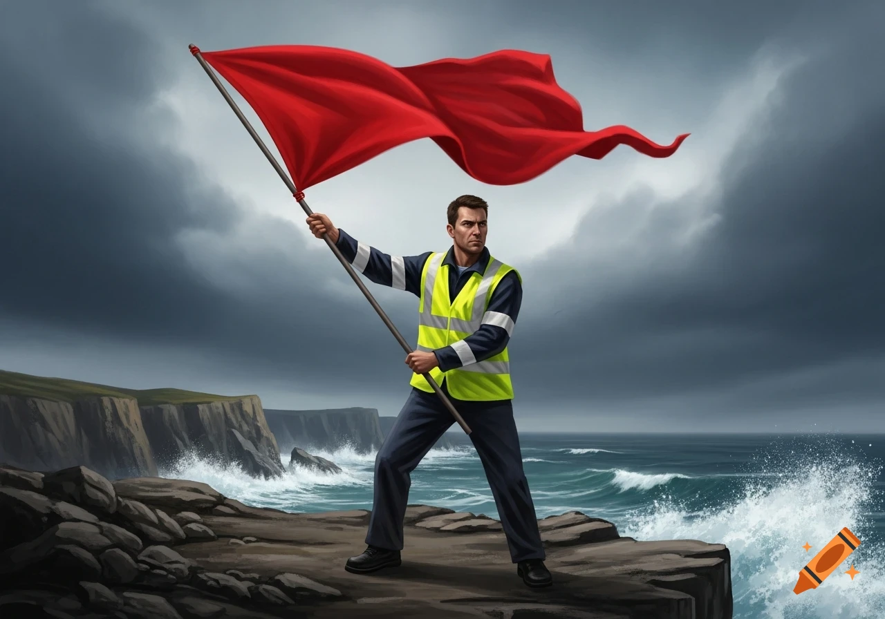 A man in a high-visibility vest stands on a rocky cliff, holding a large red flag against a stormy sea and dark sky.
