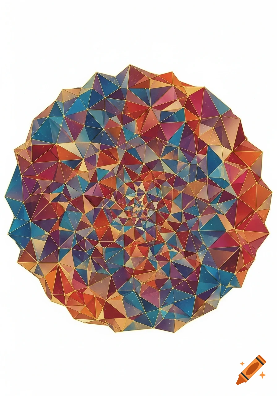 Vibrant, multi-colored circular abstract pattern of interconnected triangles with golden outlines, spiraling inward.