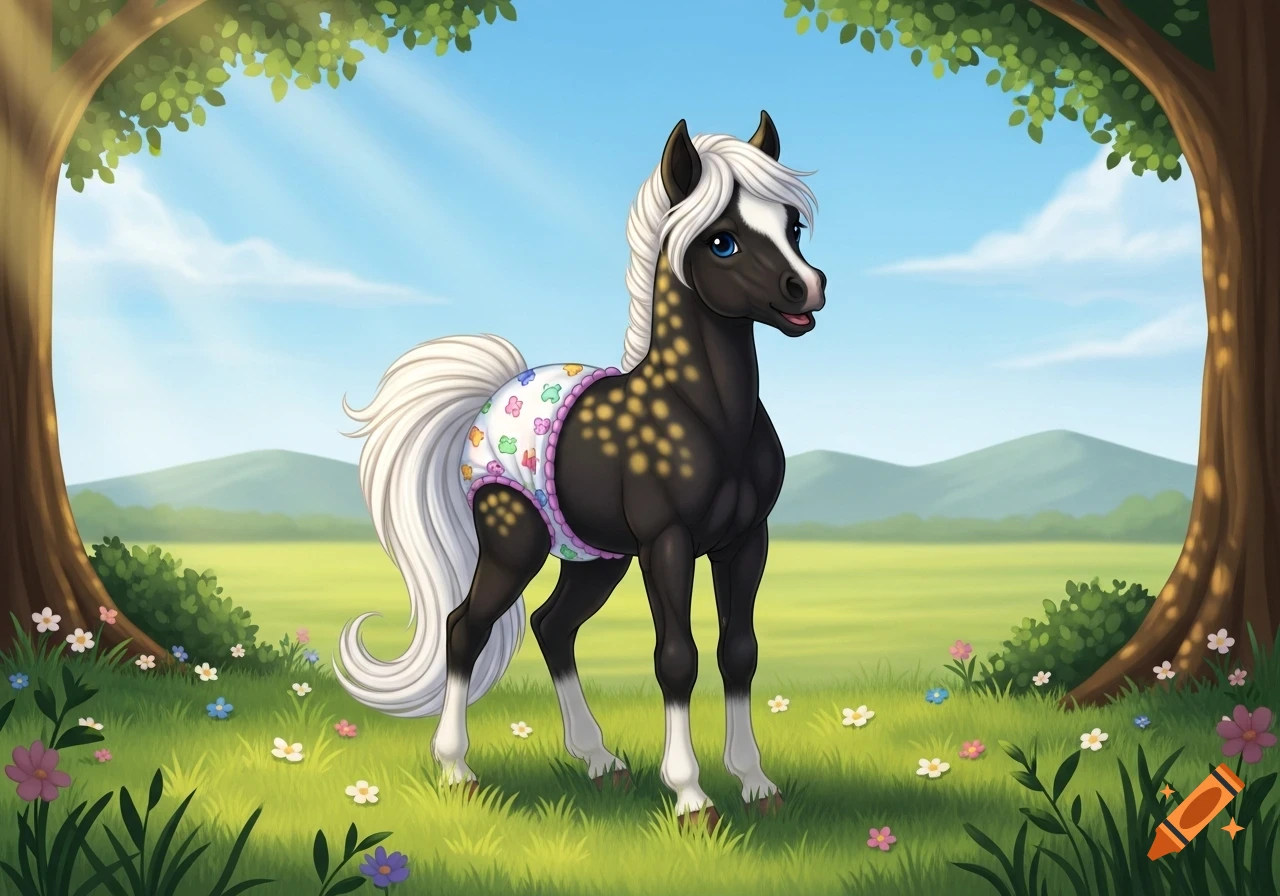 A cute cartoon black foal with a white mane and tail stands in a grassy field, wearing a colorful diaper. Trees frame the scene under a blue sky.