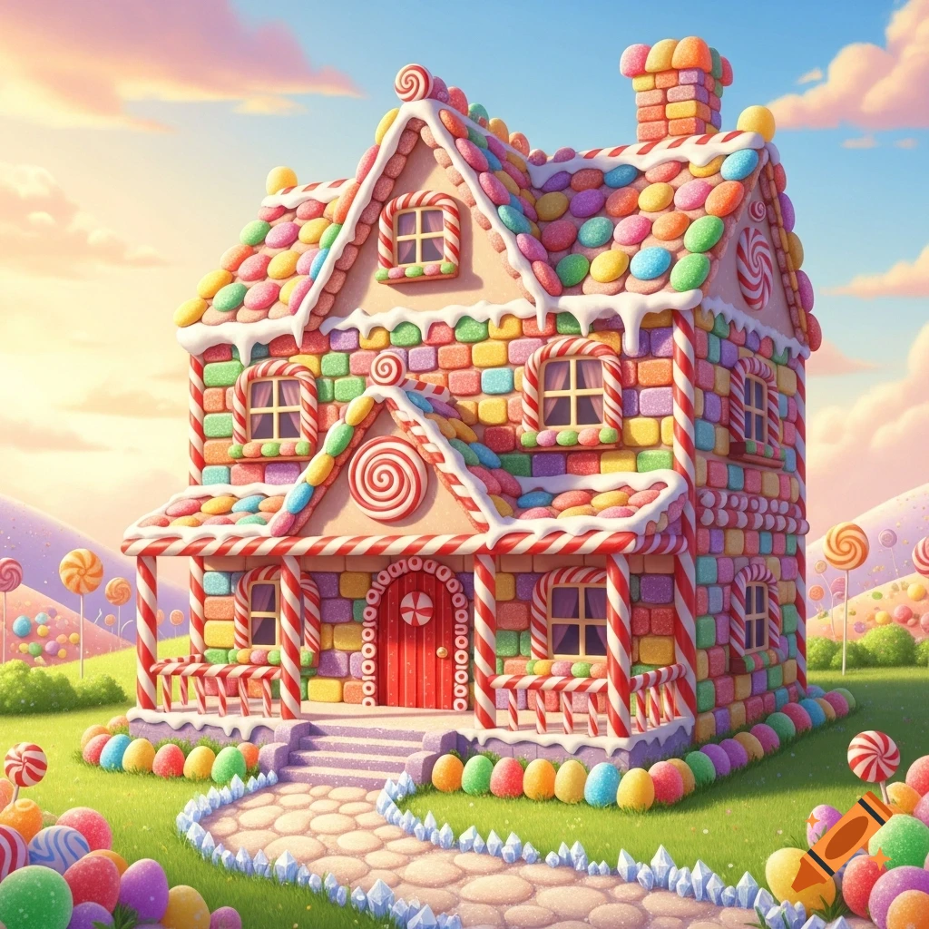 A vibrant, whimsical gingerbread house made of colorful candies and frosting stands in a sweet, sugary landscape under a pastel sky.