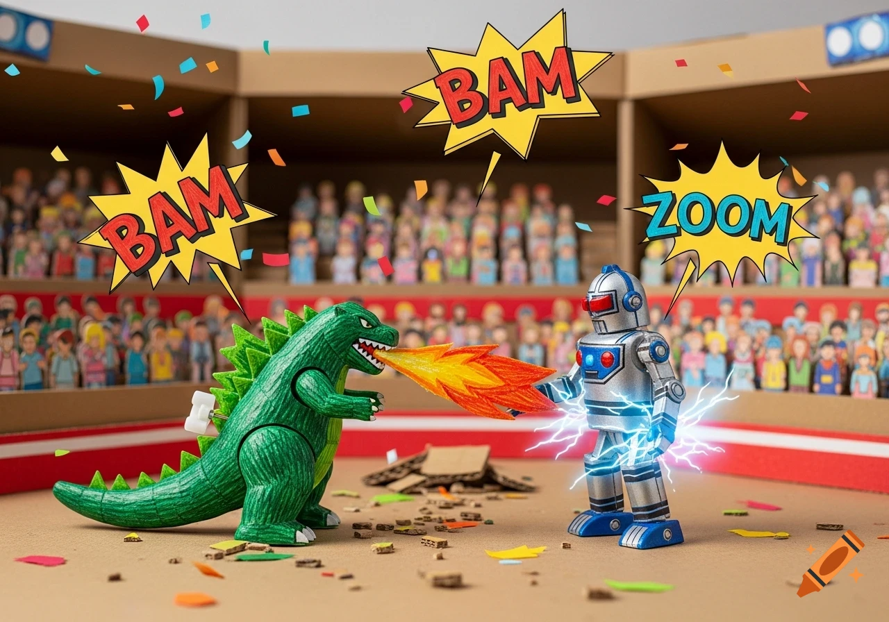 Handmade diorama of a green wind-up Godzilla toy fighting a silver robot toy in a cardboard arena with paper crowd, 'BAM' and 'ZOOM' text.