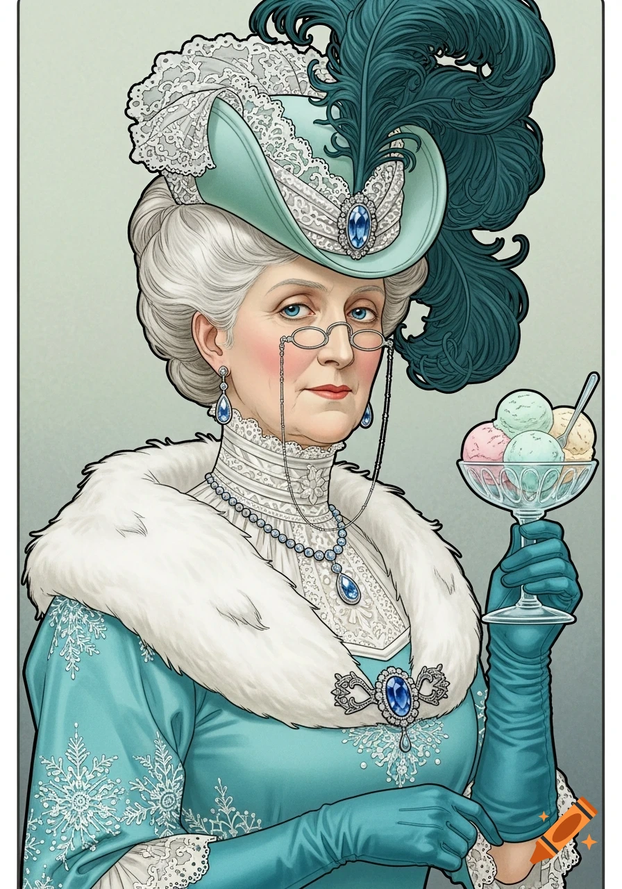 An elegant elderly woman in an Art Nouveau portrait style, with white hair, a feathered hat, turquoise dress, and fur stole, holding a crystal coupe of pastel ice cream.