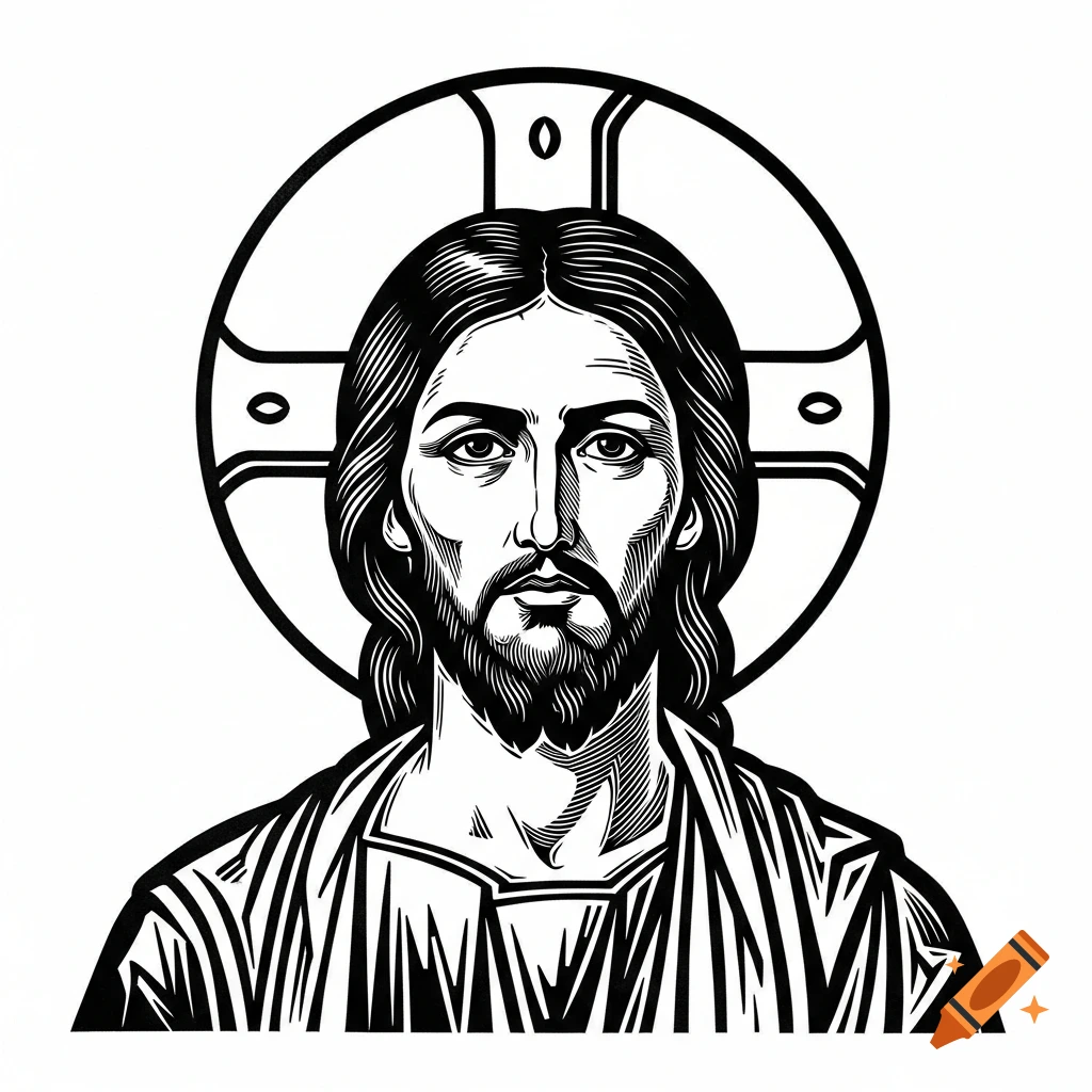 Black and white line art stencil of Jesus Christ with a beard and long hair, wearing a tunic and a halo with a cross motif.