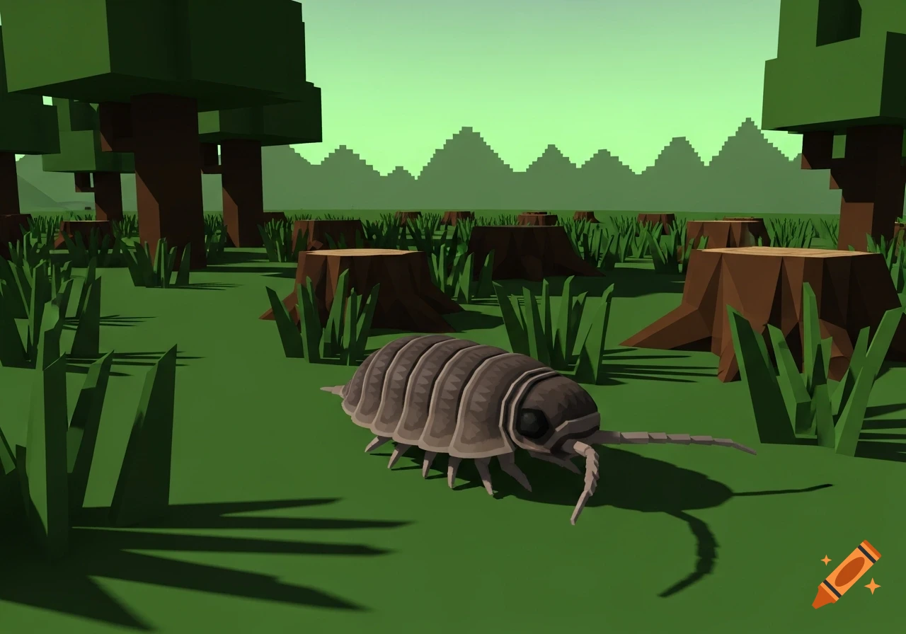 A low-poly woodlouse on green ground with blocky trees and tree stumps, in a video game style.