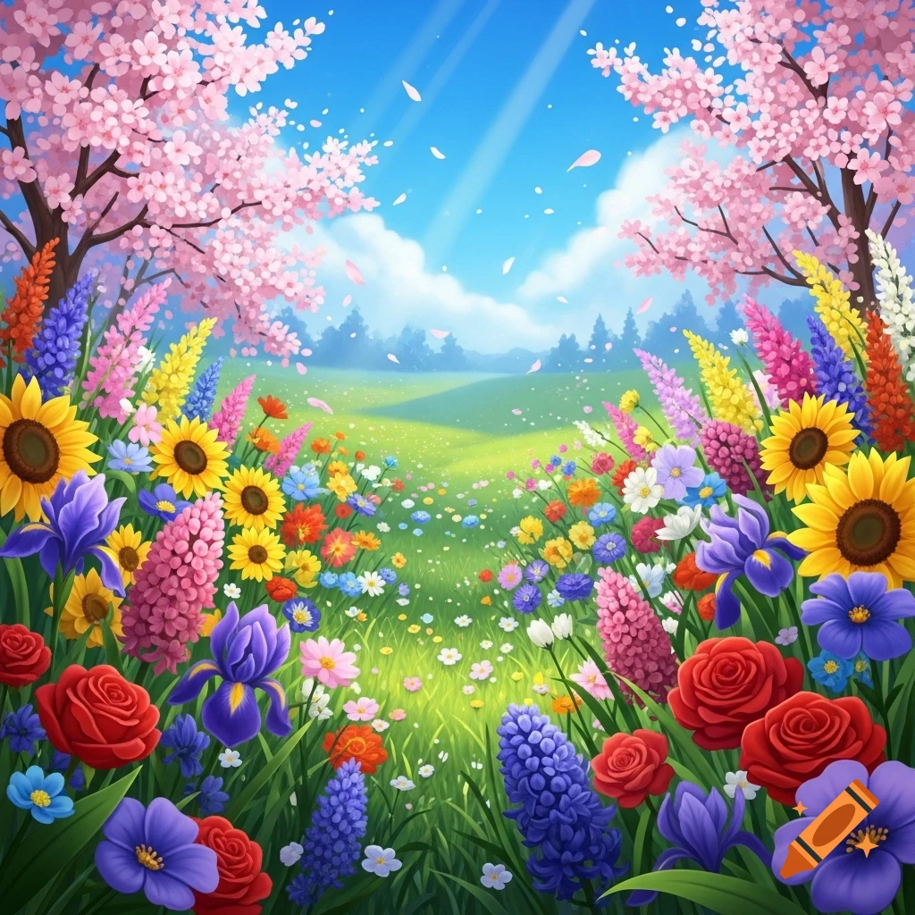 Vibrant illustration of a spring meadow filled with colorful flowers like sunflowers, irises, roses, and cherry blossom trees under a sunny blue sky.