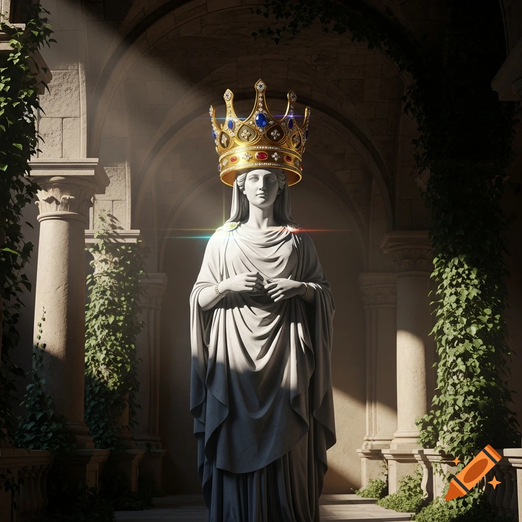 A photorealistic stone statue of a woman wearing a large, ornate golden crown, standing in an ancient, ivy-covered stone archway with sunbeams.