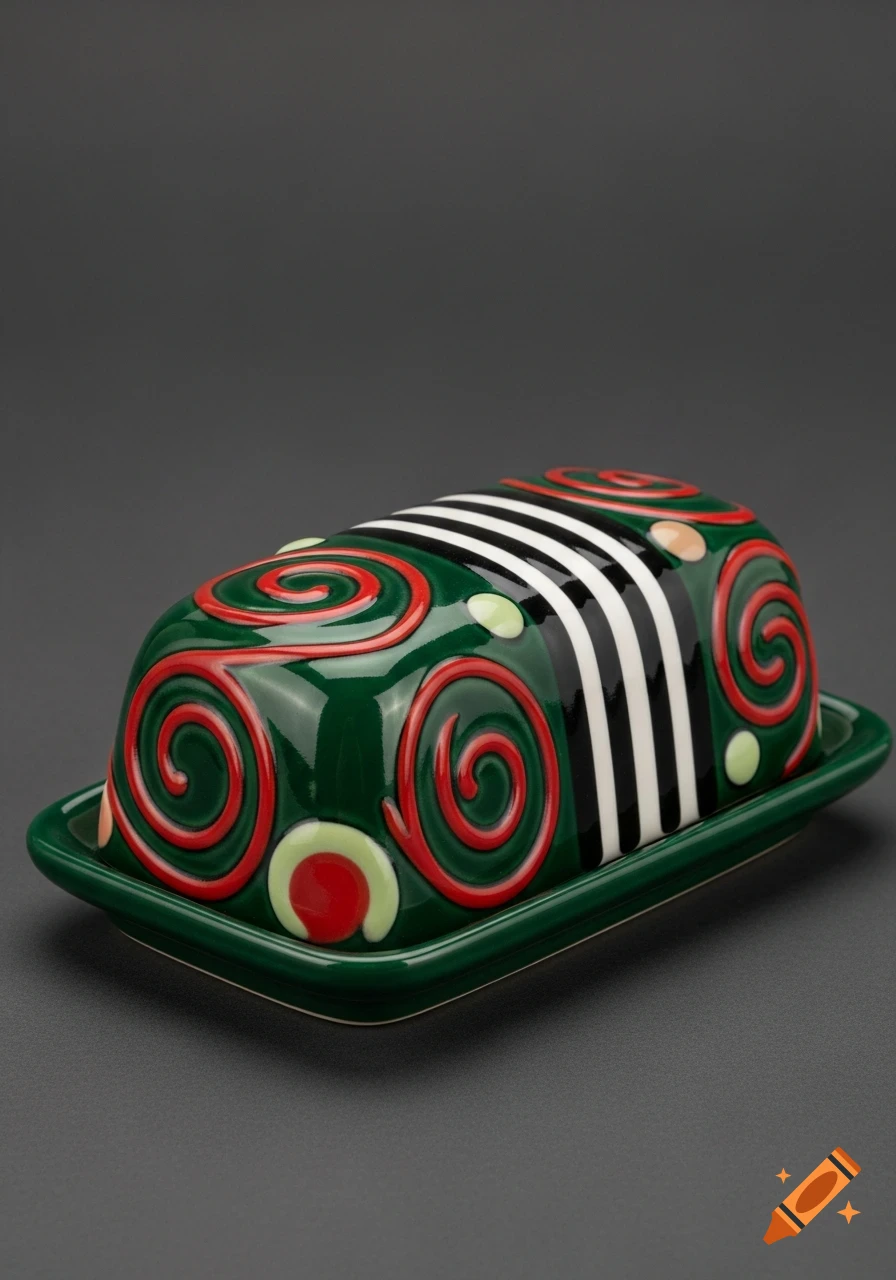 A dark green ceramic butter dish with red swirl patterns and black and white stripes.