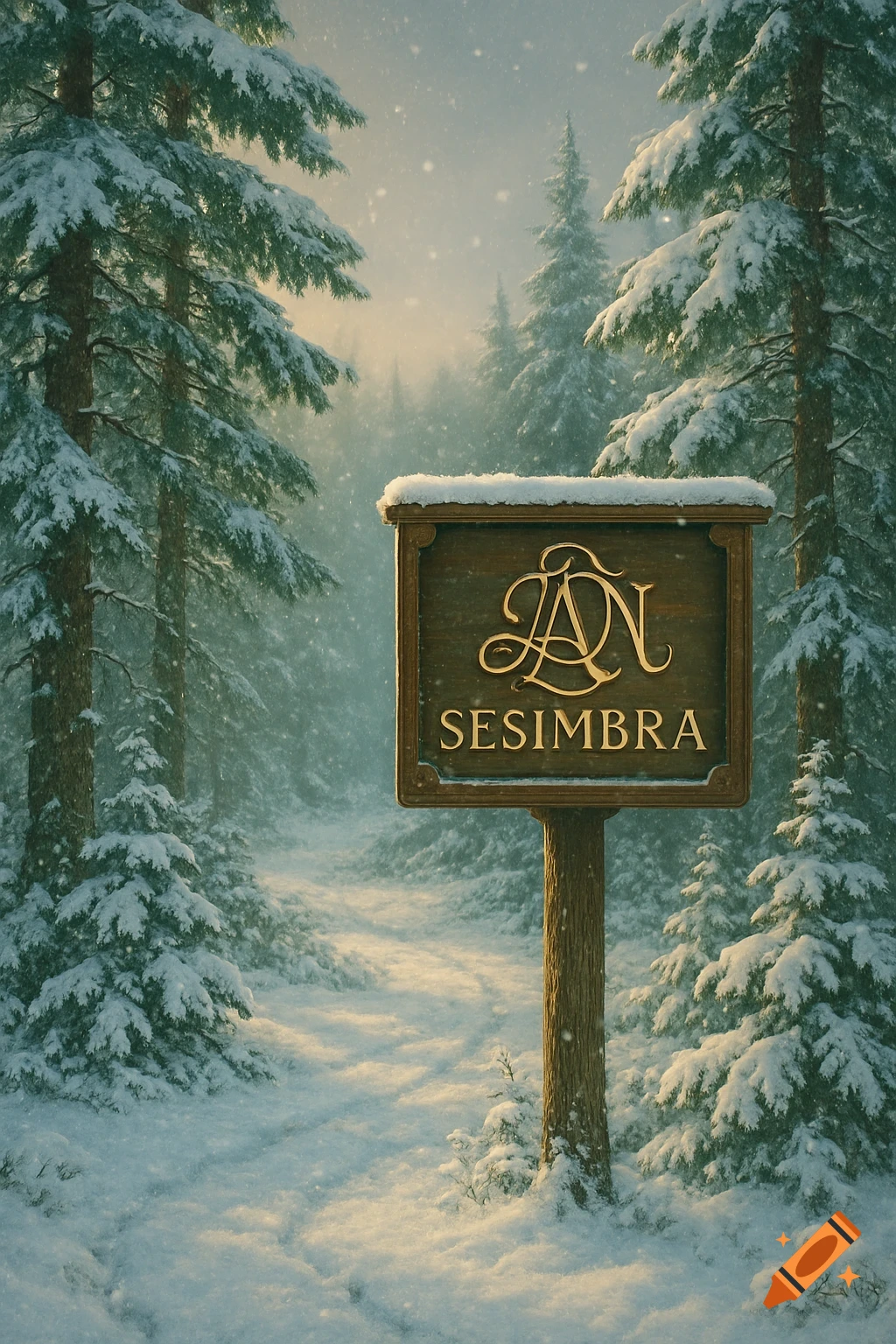 A snow-covered path leads through a pine forest with a wooden sign reading 'ADN SESIMBRA' in gold, with falling snow.