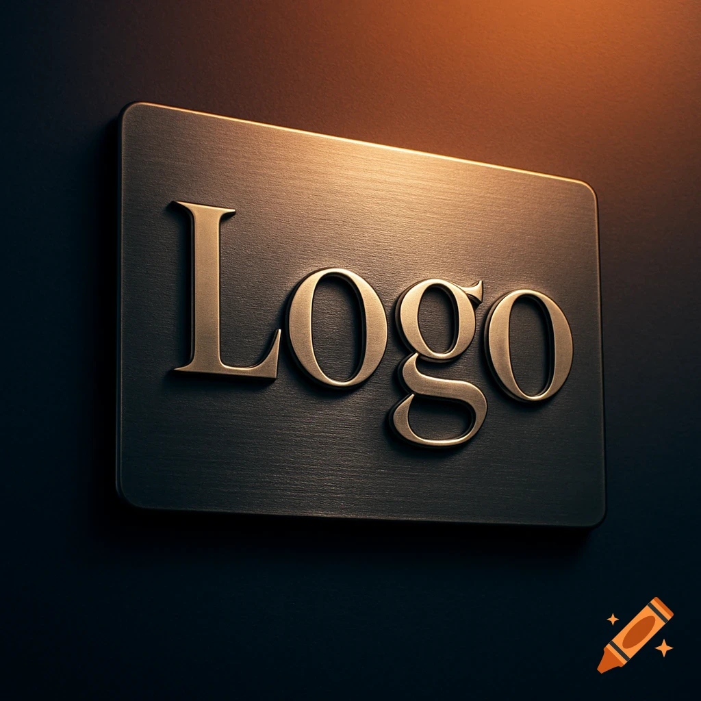 A bronze metallic sign with the word 'Logo' in a serif font, illuminated by a warm light on a dark wall.