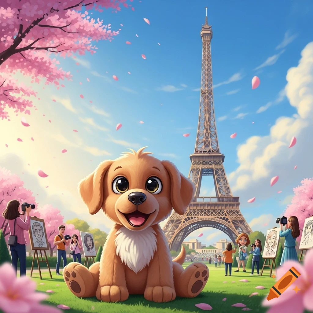 A cute cartoon puppy sits smiling in a park with pink cherry blossoms and the Eiffel Tower in the background.