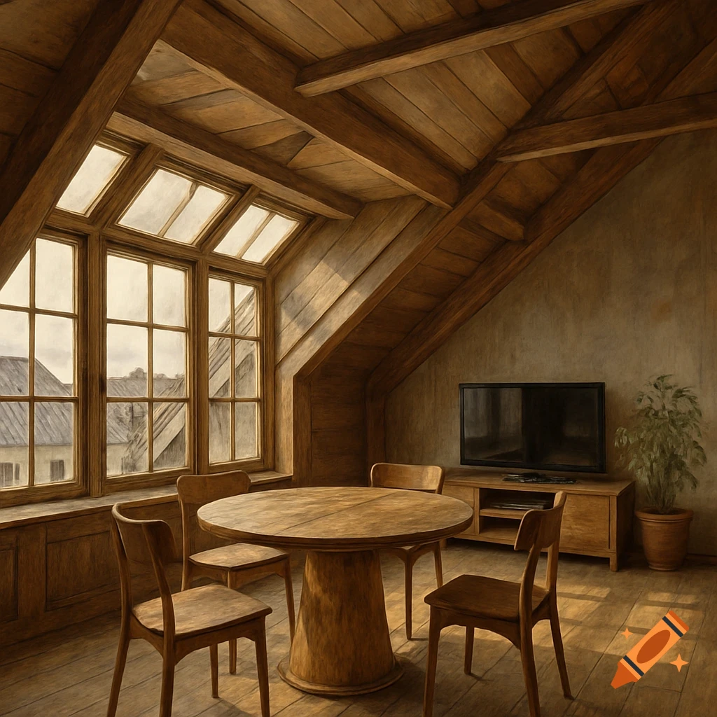 A rustic, warm attic room featuring a round wooden table with chairs, a TV, and a large window looking out over rooftops.