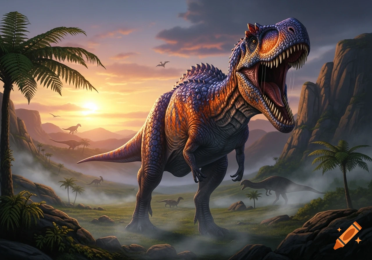 A vibrant, colorful dinosaur with its mouth open, roaring in a misty prehistoric jungle landscape at sunset.
