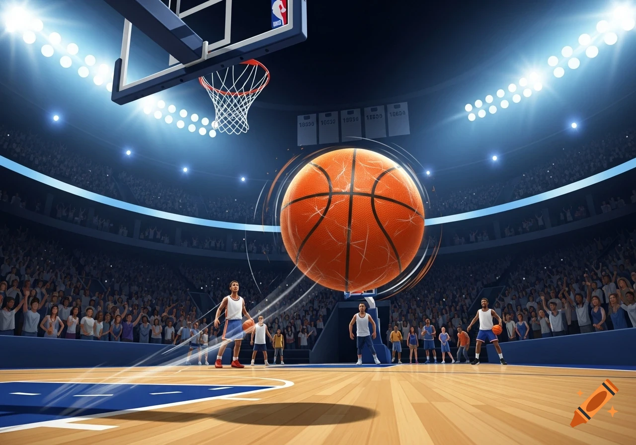 A giant basketball hovers over players on a court in a brightly lit, packed basketball arena with a scoreboard and hoop.