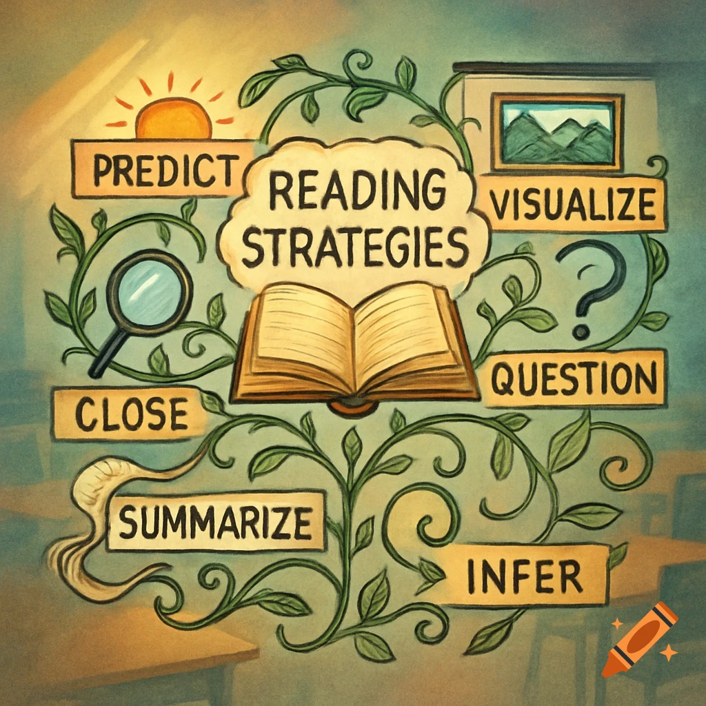 Mind map illustration of reading strategies, featuring an open book, vine motifs, and various action verbs like Predict, Summarize, and Visualize.