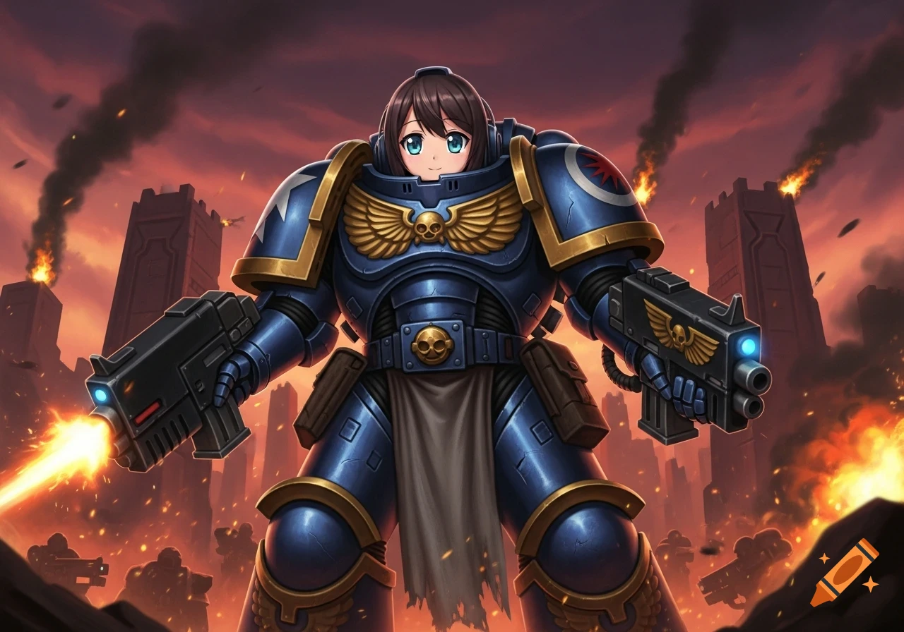 An anime-style Space Marine in blue armor with big eyes holds two laser guns in a war-torn city.