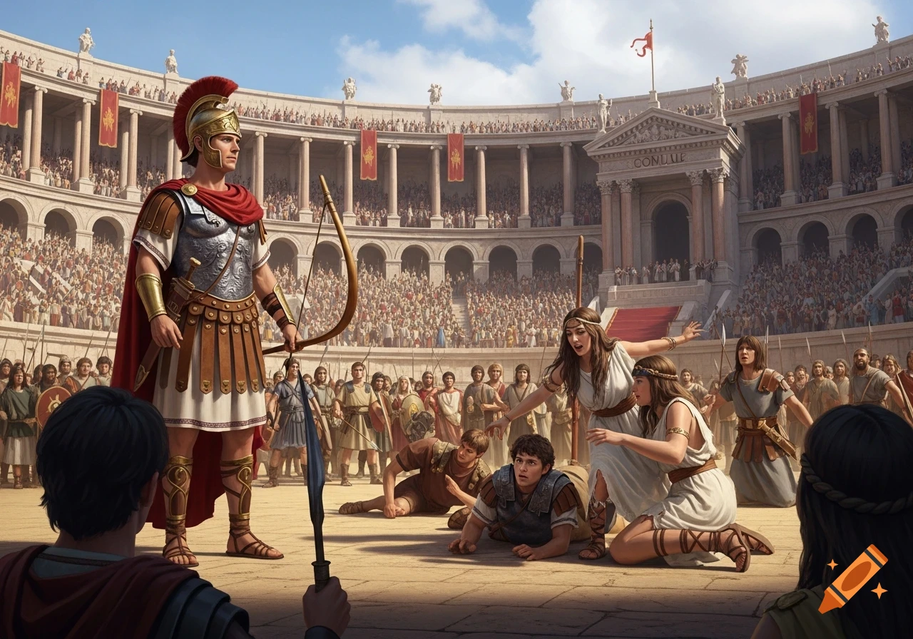Ancient Roman arena with a soldier holding a bow, and women struggling with men in the foreground, during the abduction of the Sabine Women.