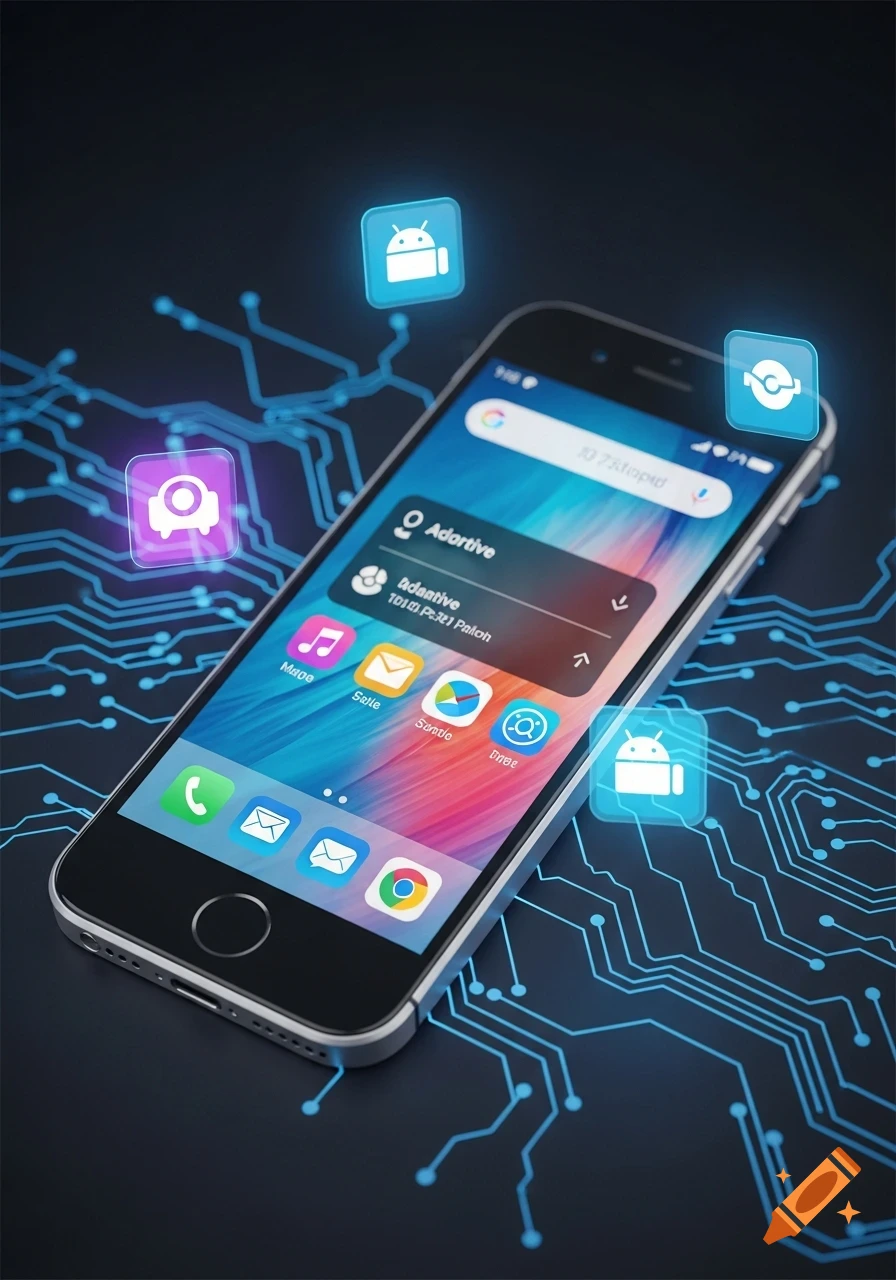 A smartphone with a colorful screen displaying app icons and widgets, set against a dark background with glowing blue circuit board lines and floating app icons.