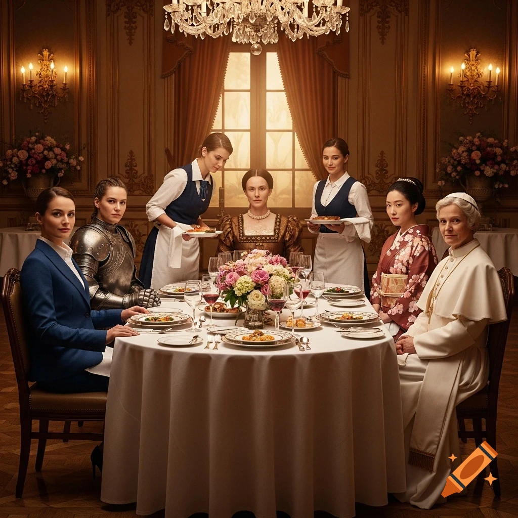 A diverse group of women, including a businesswoman, knight, medieval woman, woman in kimono, and female pope, dine.