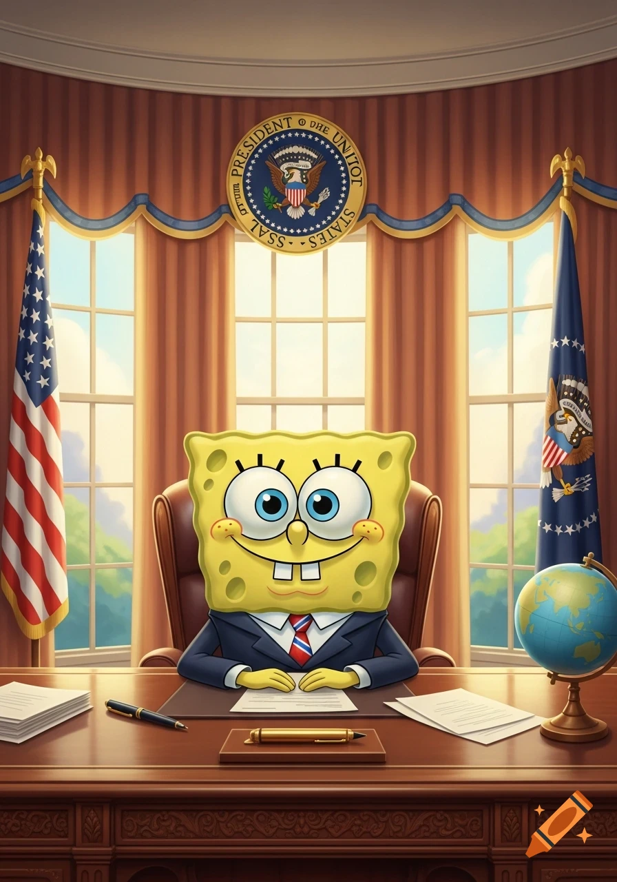 SpongeBob SquarePants in a suit behind a large desk in the Oval Office, with American flags and the presidential seal in the background.