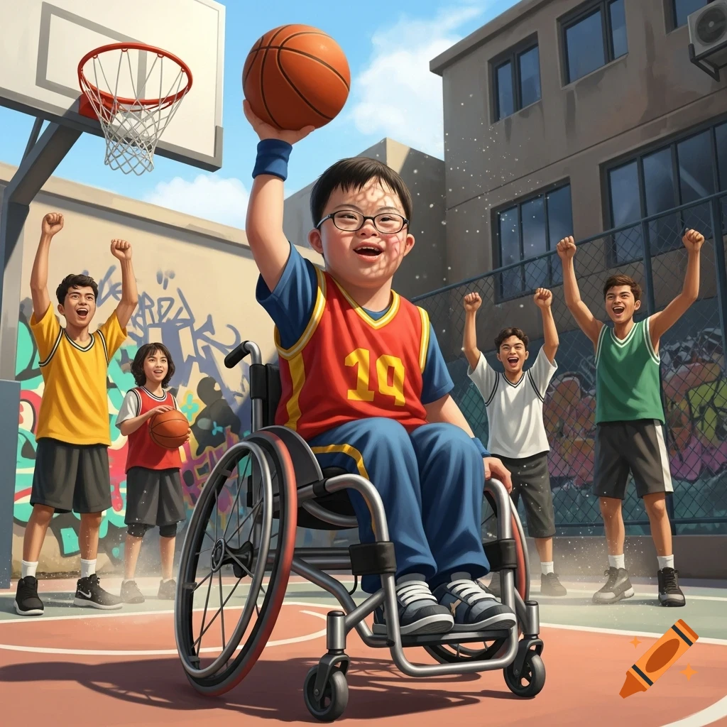 A child with Down syndrome in a wheelchair, wearing a red jersey with "10", raises a basketball triumphantly on an outdoor court as other children cheer.