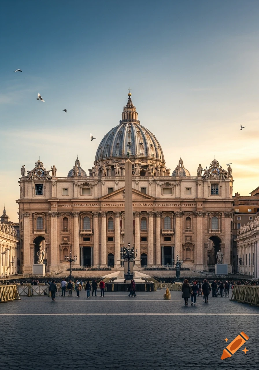 St. Peter's Basilica in Vatican City, a grand domed building with an obelisk, people in the piazza, under a blue and golden sky.