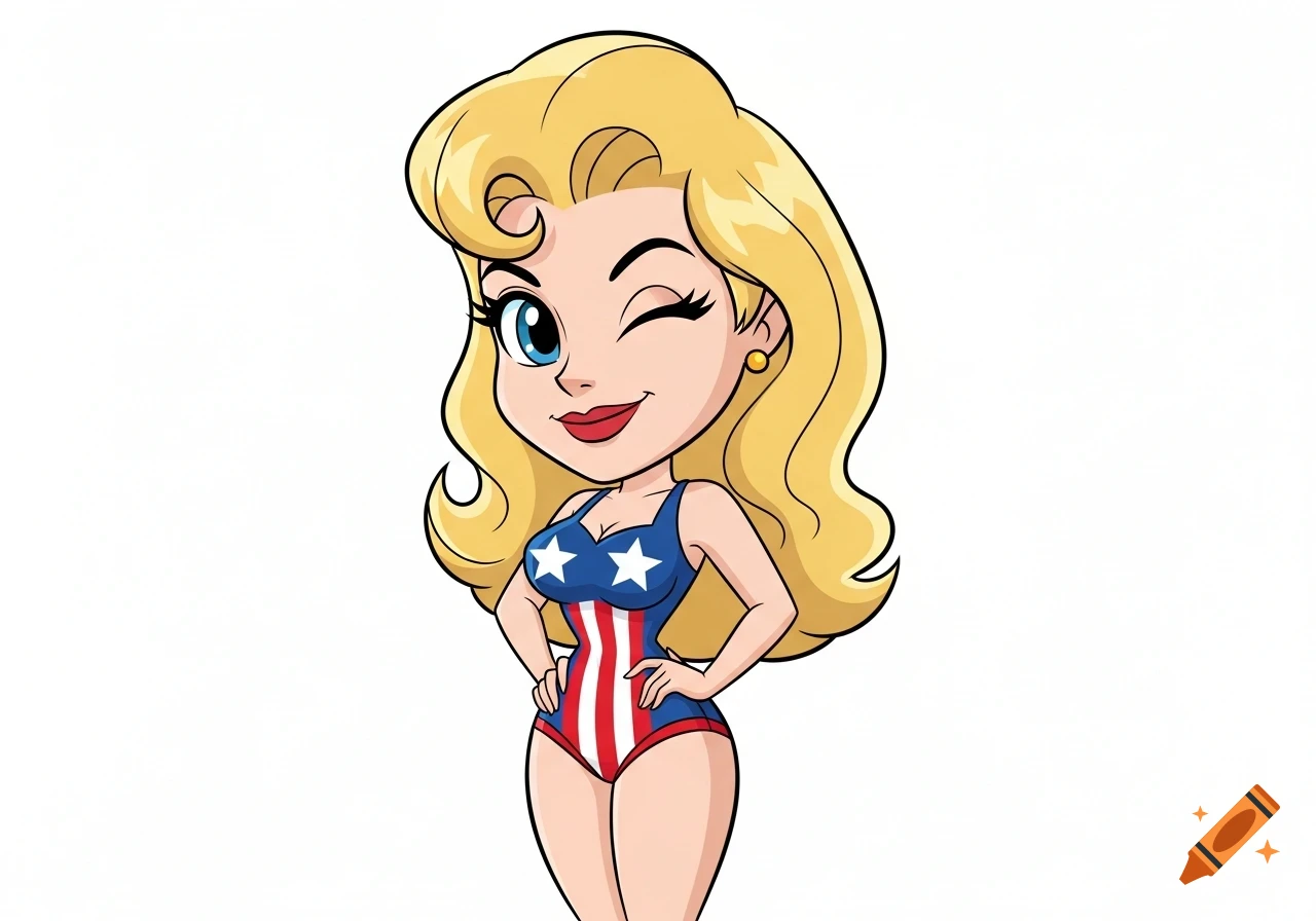 A cute, winking cartoon woman with blonde hair, an oversized head, and big eyes, wearing a patriotic blue swimsuit with white stars and red stripes, in a vintage cartoon style.