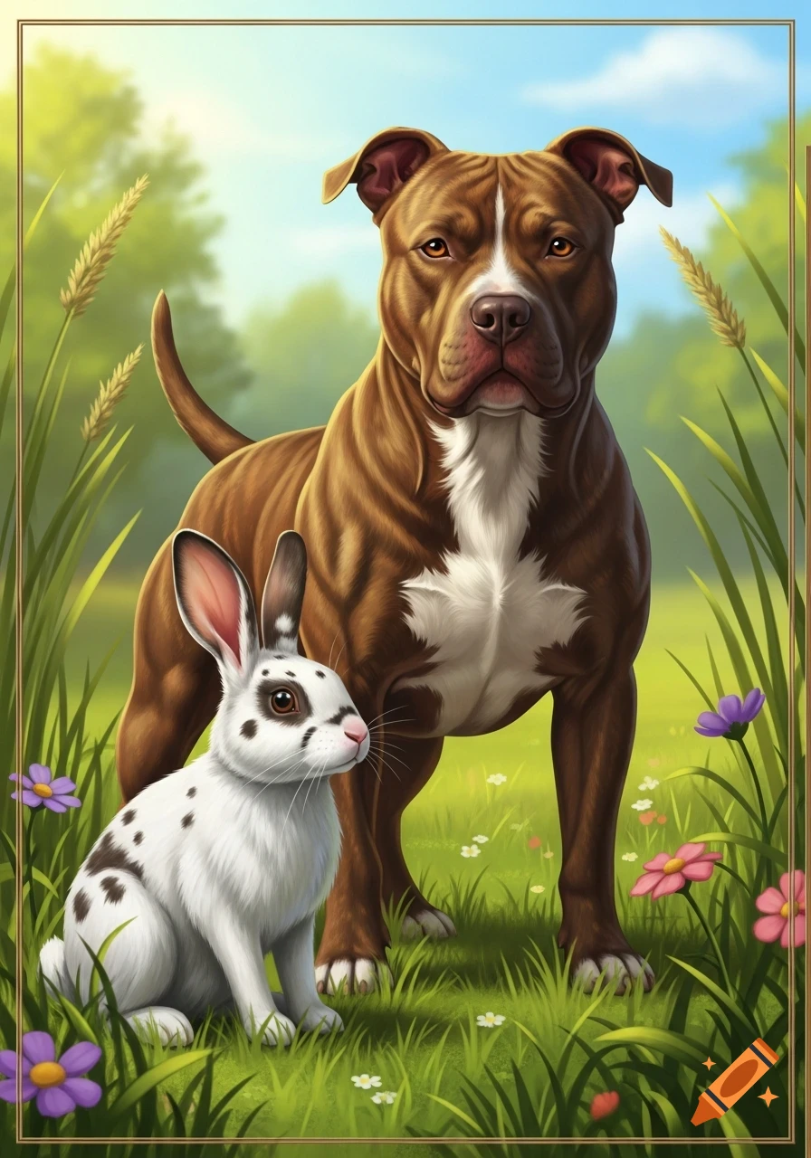 A brown pitbull dog and a white spotted rabbit stand in a grassy field with wildflowers under a blue sky, in an illustrated style.