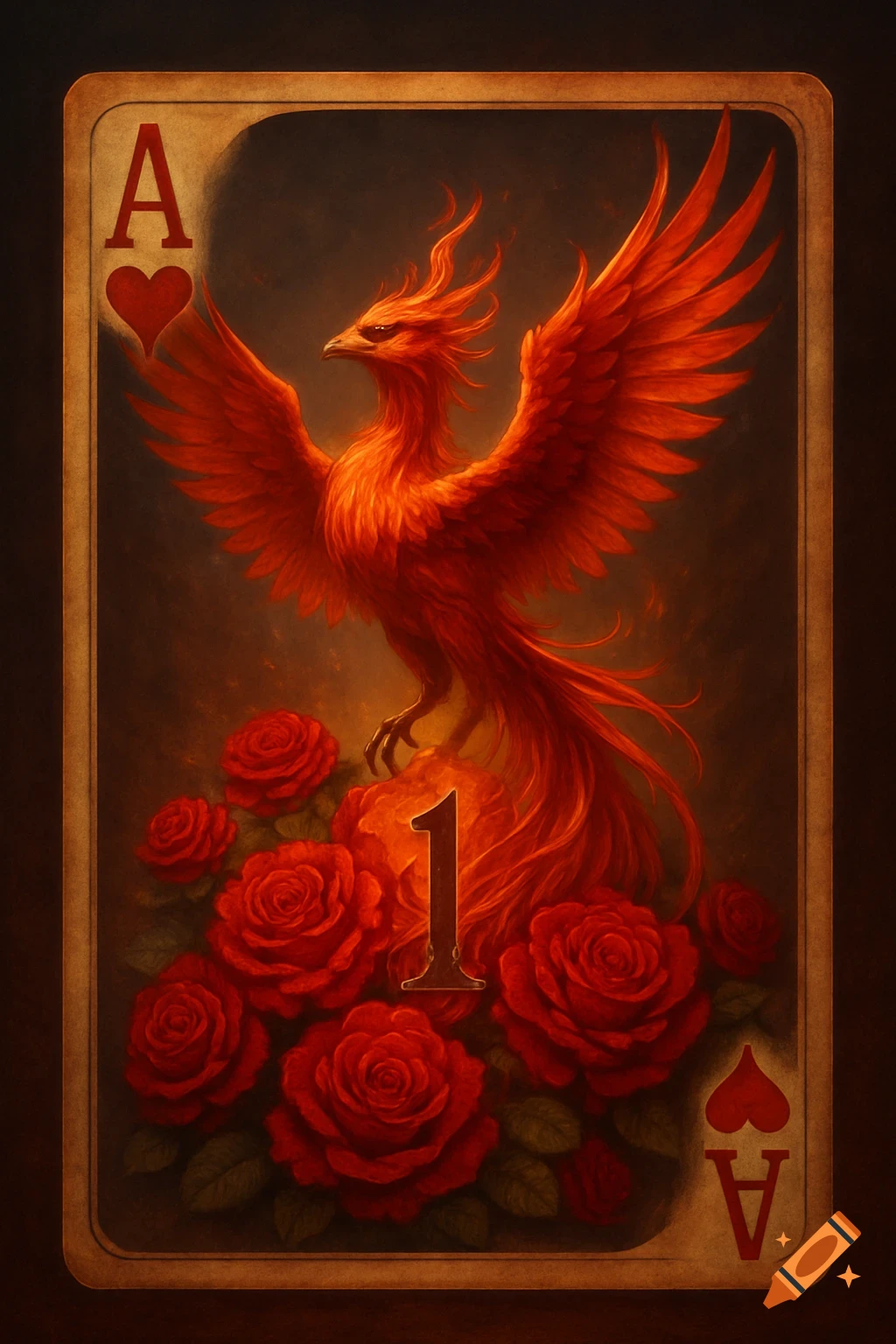 An Ace of Hearts playing card featuring a vibrant red phoenix with outstretched wings, standing among a bed of red roses. The card has a decorative border and a prominent '1' at the bottom center.