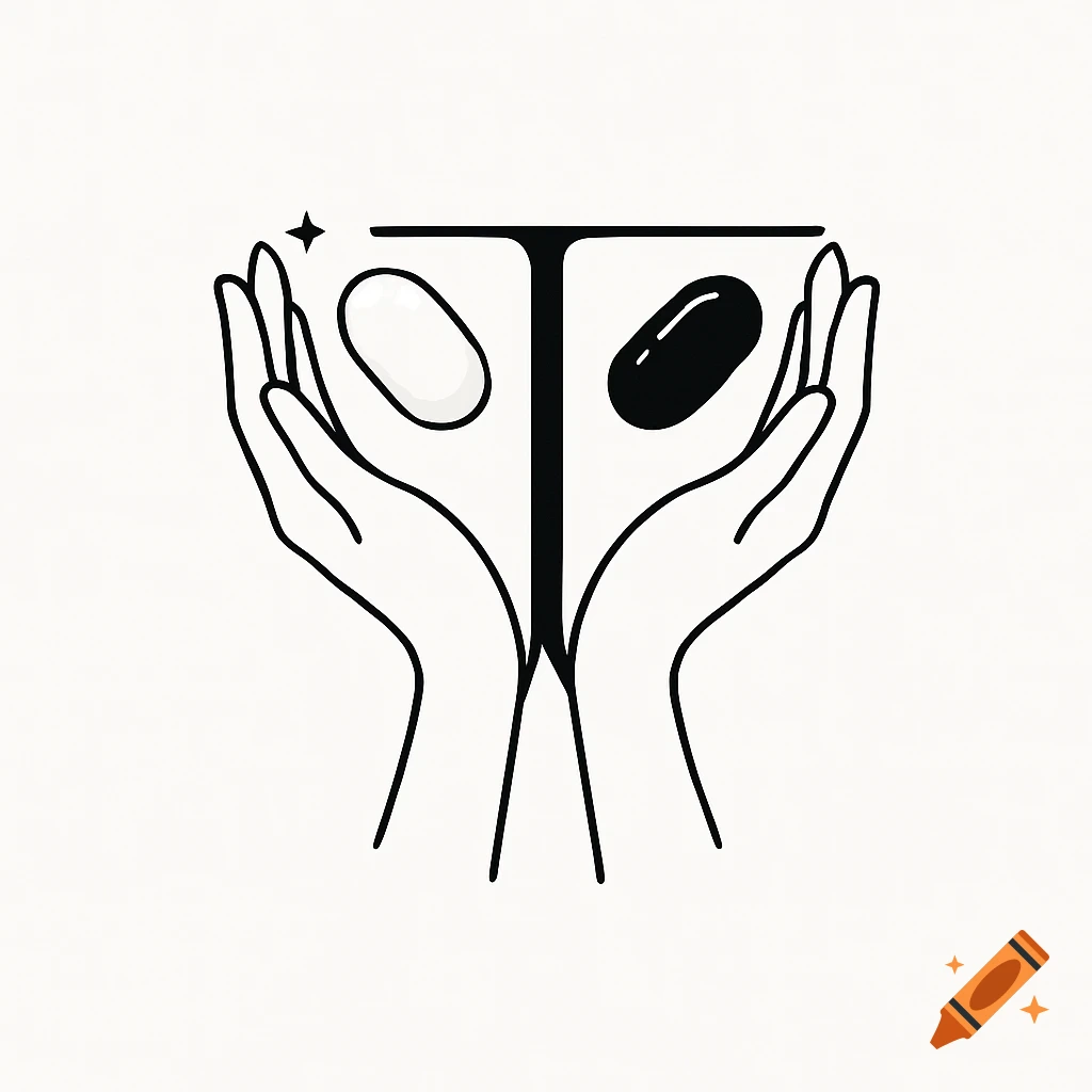 Minimalist logo of two hands holding a white and black pill, forming the letter T.